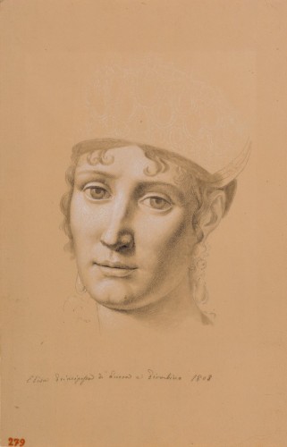 Pietro Nocchi, Studio per il ritratto di Elisa Baciocchi (1808), matita nera, carboncino, lumeggiature a gessetto bianco su carta preparata sabbia Pietro Nocchi, Studio per il ritratto di Elisa Baciocchi (1808), matita nera, carboncino, lumeggiature a gessetto bianco su carta preparata sabbia